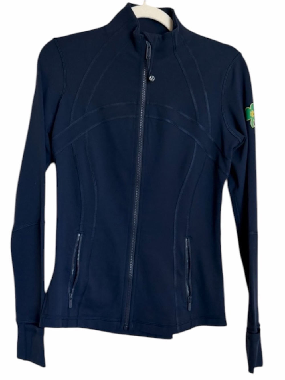 lululemon Define Navy Full-Zip Jacket with Notra Dame Logo on Sleeve. Size 8